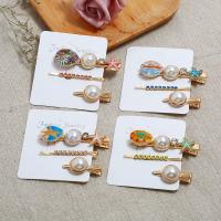 Hair Slide, Zinc Alloy, with Shell & Plastic Pearl, plated, three pieces & for woman & with rhinestone 