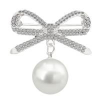 Zinklegierung Brosche, mit ABS-Kunststoff-Perlen, Schleife, plattiert, für Frau & mit Strass, keine, frei von Nickel, Blei & Kadmium, 33x33mm, verkauft von PC