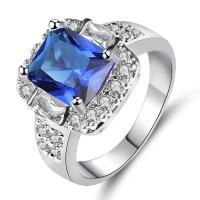 Circón cúbico anillo de dedo de latón, metal, chapado en color de plata, diverso tamaño para la opción & para mujer & con circonia cúbica, azul, 11x14mm,4mm, Vendido por UD