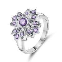 Cubic Zirconia Micro Pave Brass Finger Ring, Flower, silver color plated & micro pave cubic zirconia & for woman, purple, 17.3mm 