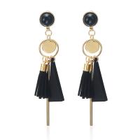 Zinc Alloy Drop Earring, with PU Leather & Wood, gold color plated, fashion jewelry & for woman 
