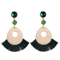 Zinc Alloy Tassel Earring, with Cotton Thread & Wood, plated, for woman & with rhinestone 
