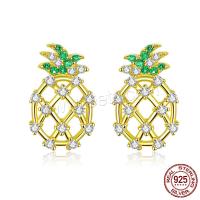 Sterling Silver Stud Earring, 925 Sterling Silver, Pineapple, real gold plated, micro pave cubic zirconia & for woman & hollow 