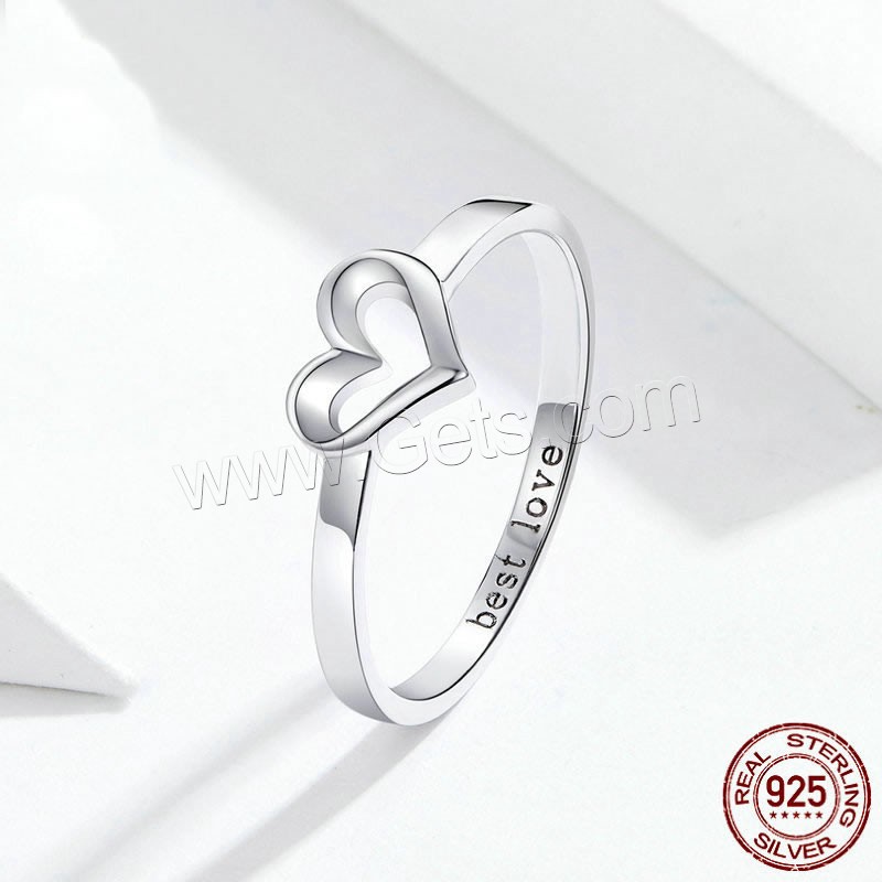 Sterling Silver Finger Ring, 925 Sterling Silver, Heart, platinum plated, fashion jewelry & different size for choice & for woman, 2mm, US Ring Size:6-8, Sold By PC