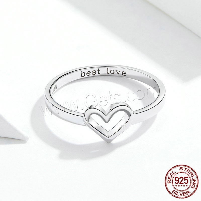 Sterling Silver Finger Ring, 925 Sterling Silver, Heart, platinum plated, fashion jewelry & different size for choice & for woman, 2mm, US Ring Size:6-8, Sold By PC