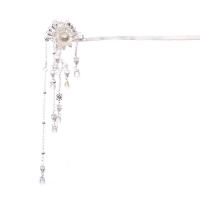 Hair Stick, Zinc Alloy, with ABS Plastic Pearl & Crystal, silver color plated, vintage & for woman 