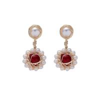Zinc Alloy Drop Earring, with Freshwater Pearl, Flower, gold color plated, Korean style & for woman 