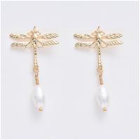 Zinc Alloy Drop Earring, with Freshwater Pearl, Dragonfly, gold color plated, vintage & Korean style & for woman, white 