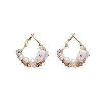 Zinc Alloy Leverback Earring, with Freshwater Pearl, gold color plated, for woman & with rhinestone, white 