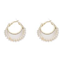 Zinc Alloy Rhinestone Leverback Earring, with ABS Plastic Pearl, gold color plated, for woman & with rhinestone, white, 46mm 