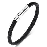 PU Leather Cord Bracelets, with Stainless Steel, fashion jewelry & Unisex black, 6mm 