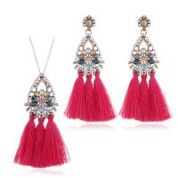 Rhinestone Zinc Alloy Jewelry Set, earring & necklace, with Cotton Thread, plated, 2 pieces & for woman & with rhinestone 82mm Approx 23 Inch 