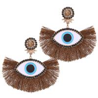 Fashion Tassel Earring, Zinc Alloy, with Cotton Thread & Crystal, Eye, gold color plated, for woman & enamel & with rhinestone 70mm 