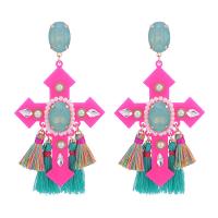 Fashion Tassel Earring, Resin, with Cotton Thread & ABS Plastic Pearl & Crystal, Cross, folk style & for woman 95mm 