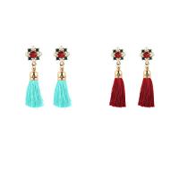 Zinc Alloy Tassel Earring, with Cotton Thread & ABS Plastic Pearl, gold color plated, for woman & with rhinestone 