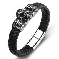 PU Leather Cord Bracelets, Stainless Steel, with PU Leather, Skull, fashion jewelry & punk style & for man 