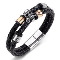 PU Leather Cord Bracelets, Stainless Steel, with PU Leather, Skull, Double Layer & fashion jewelry & for man, 6mmx2 