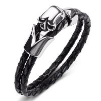 PU Leather Cord Bracelets, Stainless Steel, with PU Leather, Skull, Double Layer & fashion jewelry & for man, 5mmx2 