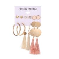 Zinc Alloy Earring Set, Stud Earring & earring, with Cotton Thread, gold color plated, 6 pieces & folk style & for woman 