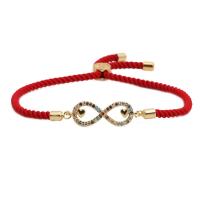 Cubic Zirconia Micro Pave Brass Bracelet, with Cotton Cord, plated, Unisex & adjustable & micro pave cubic zirconia, red, 160-210mm 
