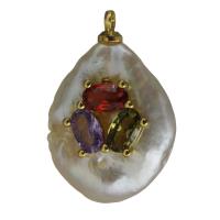 Cultured Freshwater Pearl Brass Pendant, with Freshwater Pearl, gold color plated, with cubic zirconia Approx 1.5mm 