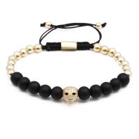 Brass Woven Ball Bracelets, with Nylon Cord & Black Agate, plated, Unisex & adjustable & micro pave cubic zirconia, black, 190-210mm 