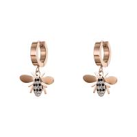 Titanium Steel Huggie Hoop Drop Earring, Bee, plated, for woman & with rhinestone, rose gold color, 17*12mm 