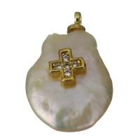 Cultured Freshwater Pearl Brass Pendant, with Freshwater Pearl, Cross, gold color plated, micro pave cubic zirconia Approx 1.5mm 