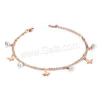 Titanium Steel Anklet, with Plastic Pearl, with 40 extender chain, 18K rose gold plated, Korean style & for woman, rose gold color 