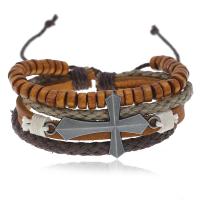 Faux Leather Bracelet, with Linen & Zinc Alloy, plated, Adjustable & multilayer & Unisex, brown, 180mm 