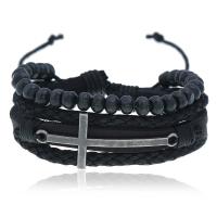 Faux Leather Bracelet, with Linen & Zinc Alloy, plated, Adjustable & multilayer & Unisex, black, 180mm 