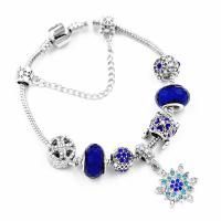 Zinc Alloy European Bracelets, with Lampwork, silver color plated, for woman & with rhinestone, blue, 200mm 