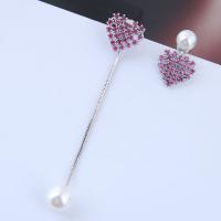 Brass Asymmetric Earrings, with Plastic Pearl, plated, fashion jewelry & micro pave cubic zirconia & for woman 55*11mm 