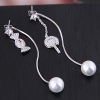 Brass Asymmetric Earrings, with Plastic Pearl, plated, micro pave cubic zirconia & for woman, silver color, 72*10mm 