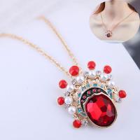 Glass Zinc Alloy Necklace, with Glass & Plastic Pearl, gold color plated, for woman & enamel & with rhinestone, red, 400*27*23mm 