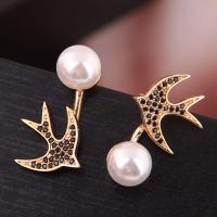 Brass Asymmetric Stud Earrings, with Plastic Pearl, plated, micro pave cubic zirconia & for woman 30*16mm 