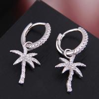 Brass Huggie Hoop Drop Earring, Palm Tree, plated, micro pave cubic zirconia & for woman, silver color, 28*12mm 
