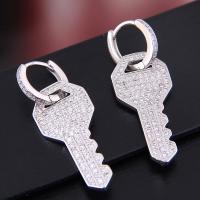 Brass Huggie Hoop Drop Earring, Key, plated, micro pave cubic zirconia & for woman, silver color, 37*13mm 