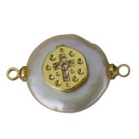 Conector de Micro Pavé de Zirconía Cúbica en Latón, metal, con Perlas cultivadas de agua dulce, chapado en color dorado, micro arcilla de zirconia cúbica & 1/1 aro, 22x14x7.5mm, agujero:aproximado 1.5mm, Vendido por UD