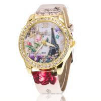 Bracelets de montre pour femmes, cuir PU, avec cadran en alliage de zinc & verre, mouvement chinoise, Placage de couleur d'or, modèles différents pour le choix & avec strass Environ 9 pouce, Vendu par PC