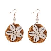 Rattan Earring, Zinc Alloy, with Rattan & Shell & Plastic Pearl, plated, fashion jewelry & for woman, khaki 