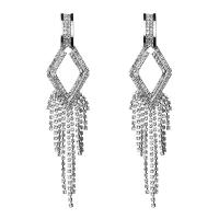 Brass Tassel Earring, with Rhinestone, fashion jewelry & for woman & hollow, silver color 