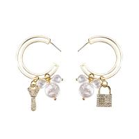 Zinc Alloy Asymmetric Earrings, with Shell Pearl, Lock and Key, gold color plated, for woman & with rhinestone 