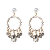 Plastic Pearl Zinc Alloy Earring, with Plastic Pearl, gold color plated, for woman & with rhinestone & hollow 