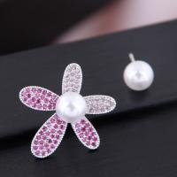 Brass Asymmetric Stud Earrings, with Plastic Pearl, plated, micro pave cubic zirconia & for woman, silver color, 24*7mm 