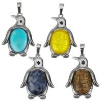 Animal Brass Pendants, with Gemstone, Penguin, silver color plated Approx 