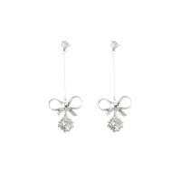 Cubic Zircon Brass Earring, with Cubic Zirconia, Bowknot, silver color plated, Korean style & for woman 