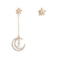 Zinc Alloy Asymmetric Earrings, with Rhinestone & Plastic Pearl, Moon and Star, gold color plated, Korean style & for woman, 15mm,75mm 