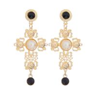 Plastic Pearl Zinc Alloy Earring, with Plastic Pearl, plated, fashion jewelry & for woman & with rhinestone, golden, 79*37mm 