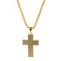Zinc Alloy Necklace, Cross, plated, for man & with rhinestone, golden, 720mm,48*32mm 